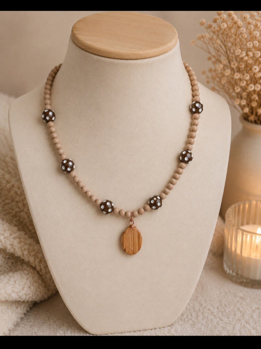 Neutral Beaded Necklace with Pendant | Brown Polka Dot Accent | Handmade Boho